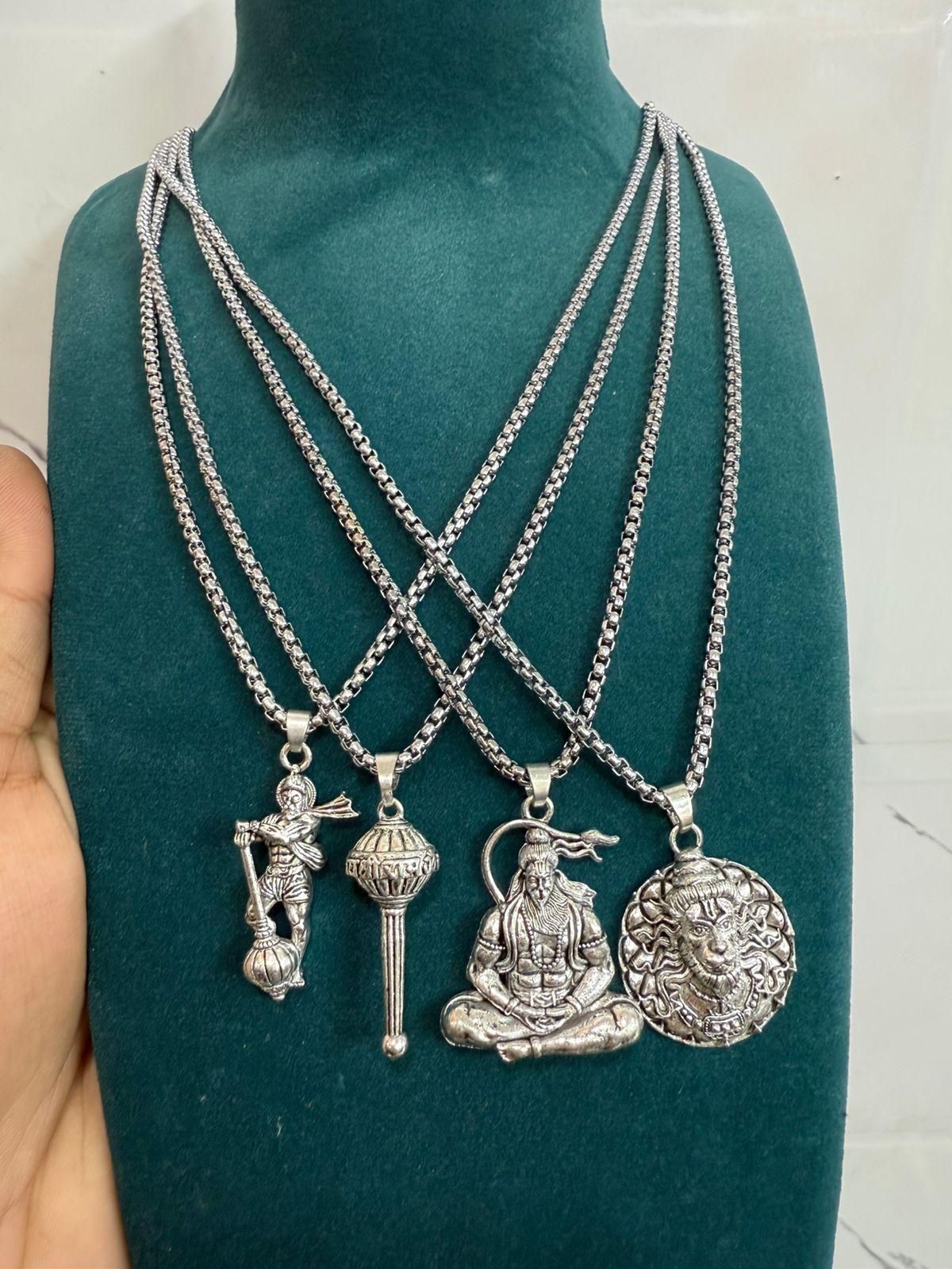 Power & Style: Lord Hanuman Oxidized Silver Chains (Pack of 4)