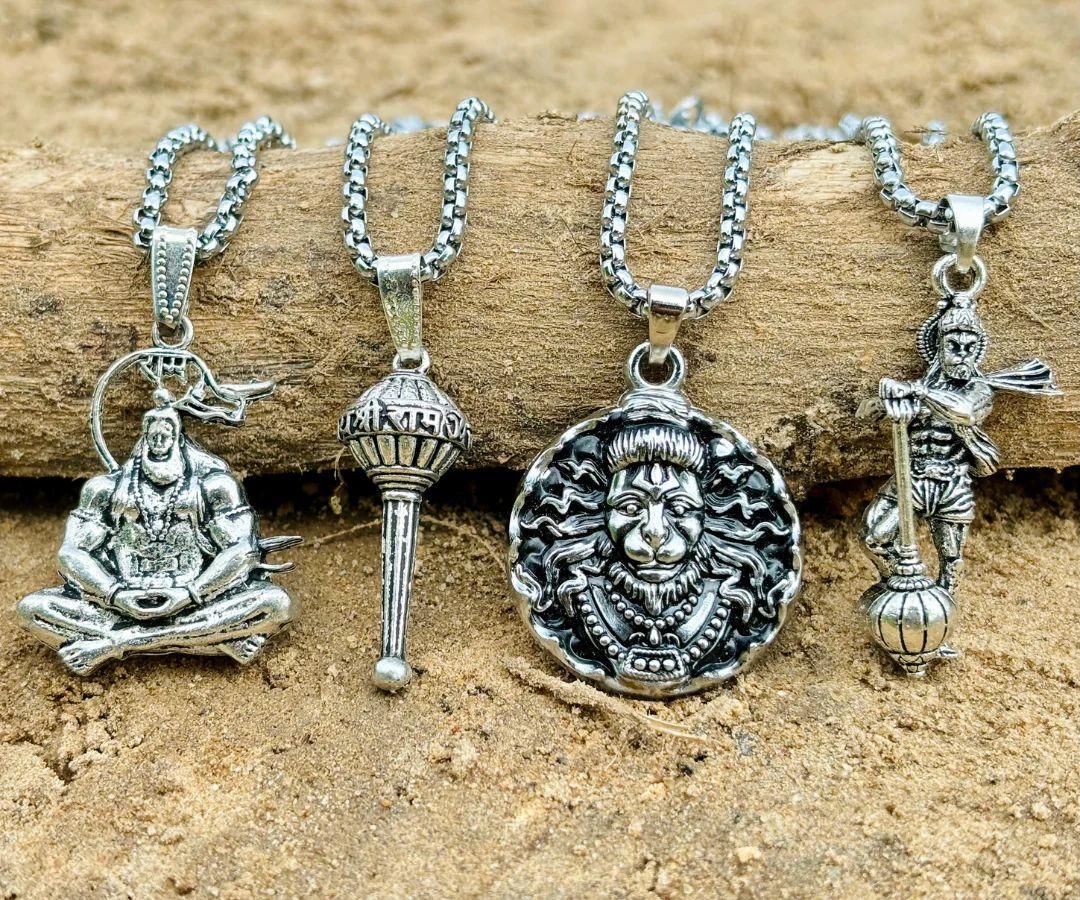 Power & Style: Lord Hanuman Oxidized Silver Chains (Pack of 4)